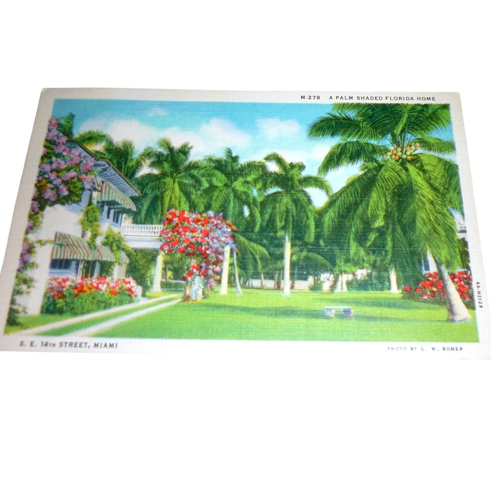 1937 Miami Florida Linen Postcard Palm Shaded Home SE 14th St M-278